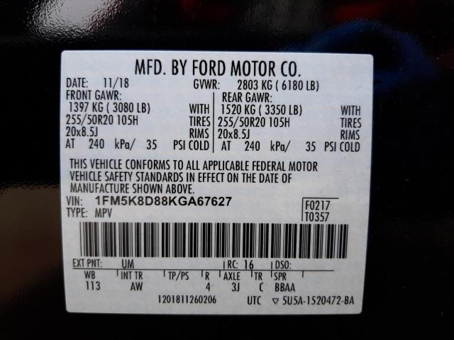 1FM5K8D88KGA67627 - 2019 FORD EXPLORER X BLACK photo 10