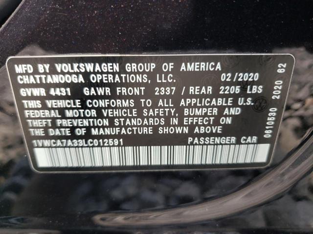 1VWCA7A33LC012591 - 2020 VOLKSWAGEN PASSAT SEL BLACK photo 10