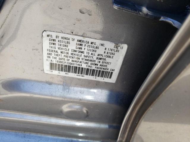 19UDE2F33GA017459 - 2016 ACURA ILX BASE W SILVER photo 10