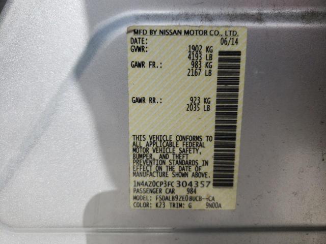 1N4AZ0CP3FC304357 - 2015 NISSAN LEAF S SILVER photo 10