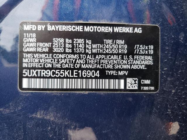 5UXTR9C55KLE16904 - 2019 BMW X3 XDRIVE3 BLUE photo 10