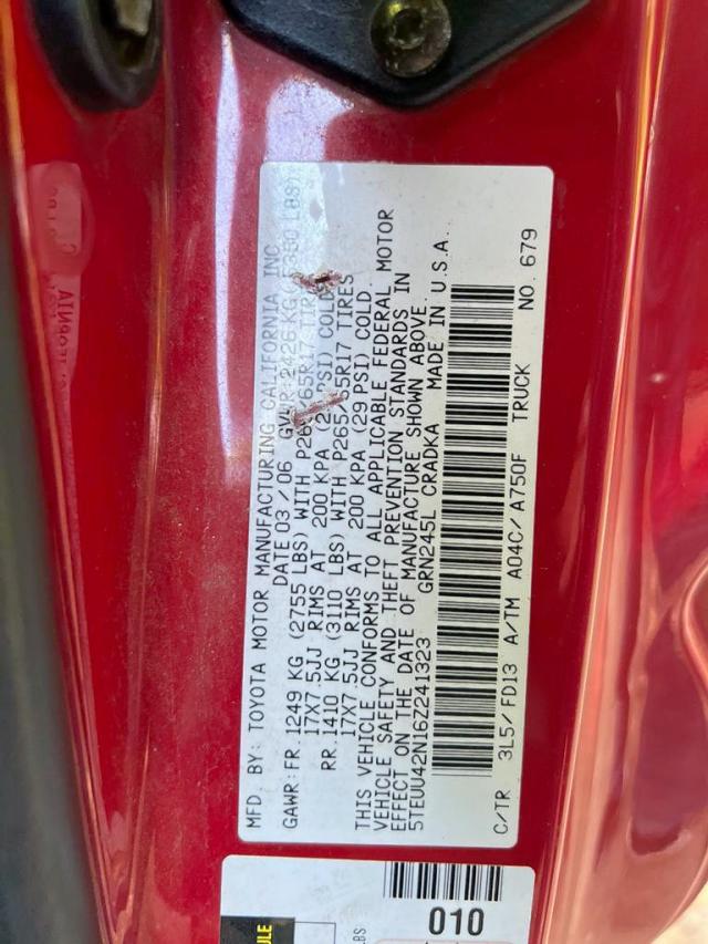 5TEUU42N16Z241323 - 2006 TOYOTA TACOMA ACC RED photo 10