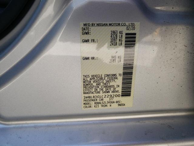 1N4BL4CV1LC229200 - 2020 NISSAN ALTIMA SR SILVER photo 10