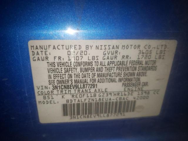 3N1CN8EV9LL877291 - 2020 NISSAN VERSA SV BLUE photo 10