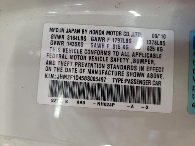 JHMZF1D45BS005497 - 2011 HONDA CR-Z WHITE photo 10