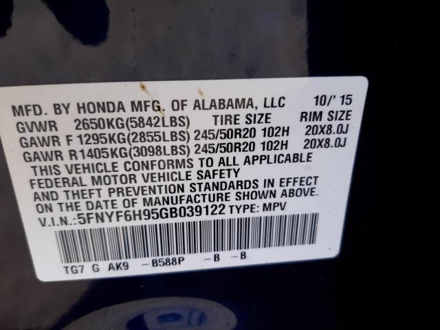 5FNYF6H95GB039122 - 2016 HONDA PILOT TOUR BLUE photo 10