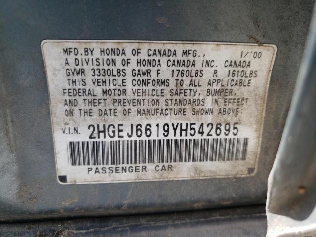 2HGEJ6619YH542695 - 2000 HONDA CIVIC BASE 青色 照片 10