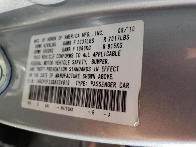 1HGCP2F30BA024819 - 2011 HONDA ACCORD LX SILVER photo 10