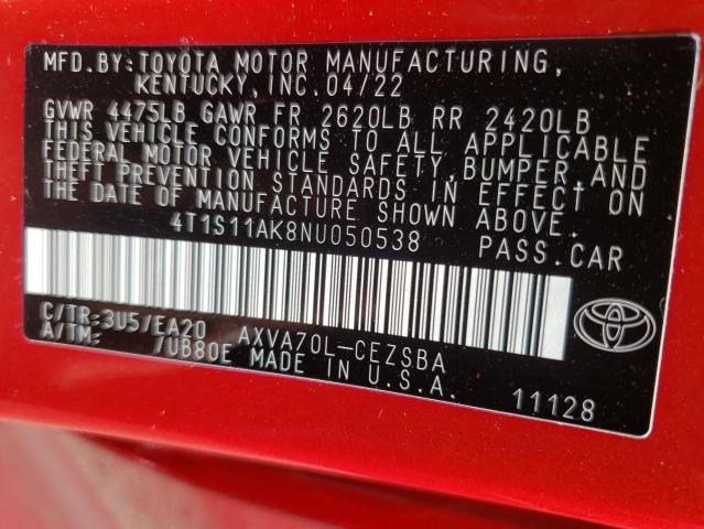 4T1S11AK8NU050538 - 2022 TOYOTA CAMRY NIGH RED photo 10