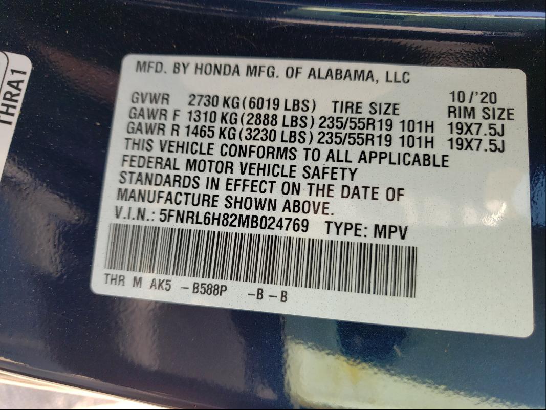 5FNRL6H82MB024769 - 2021 HONDA ODYSSEY TO BLUE photo 10