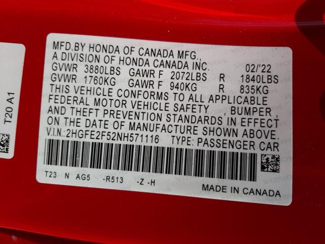 2HGFE2F52NH571116 - 2022 HONDA CIVIC SPOR RED photo 10