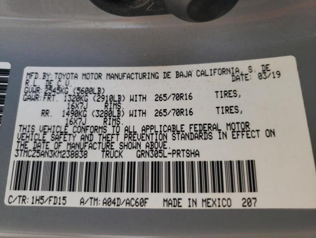 3TMCZ5AN3KM238838 - 2019 TOYOTA TACOMA DOUBLE CAB  照片 10
