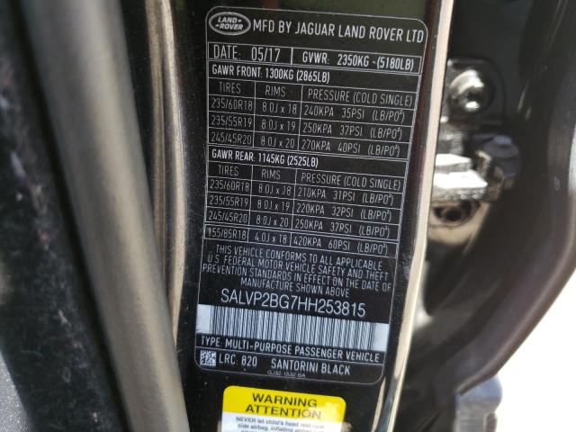 SALVP2BG7HH253815 - 2017 LAND ROVER RANGE ROVE BLACK photo 10