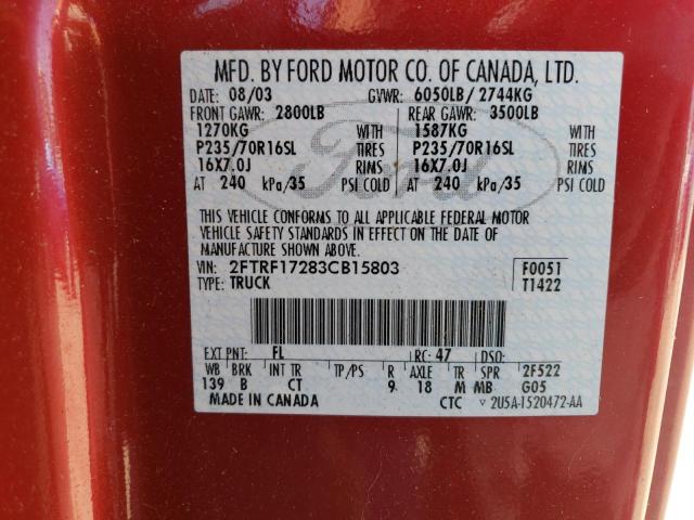 2FTRF17283CB15803 - 2003 FORD F150 RED photo 10