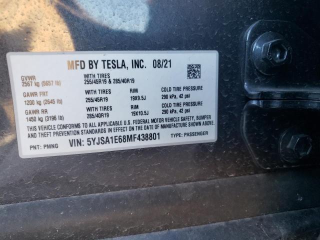 5YJSA1E68MF438801 - 2021 TESLA MODEL S GRAY photo 10