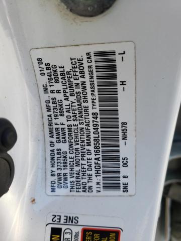 1HGFA16858L049748 - 2008 HONDA CIVIC EX WHITE photo 10