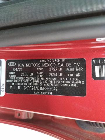 3KPF24AD1ME362042 - 2021 KIA FORTE FE RED photo 10