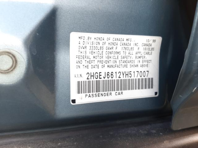 2HGEJ6612YH517007 - 2000 HONDA CIVIC BASE BLUE photo 10