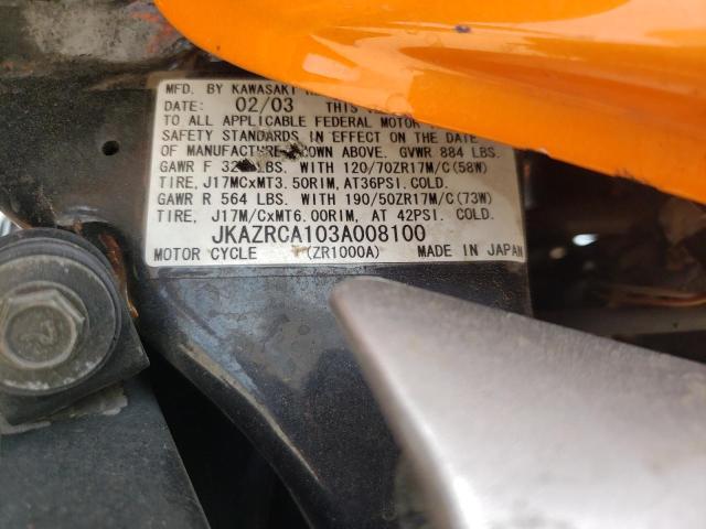 JKAZRCA103A008100 - 2003 KAWASAKI ZR1000 A1 ORANGE photo 10