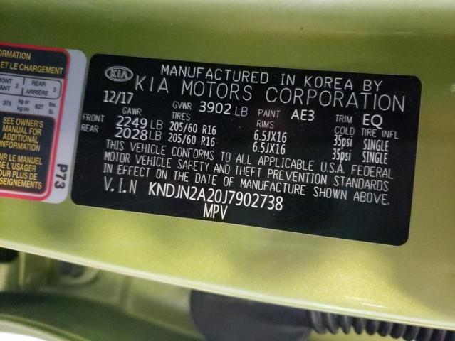 KNDJN2A20J7902738 - 2018 KIA SOUL GREEN photo 10