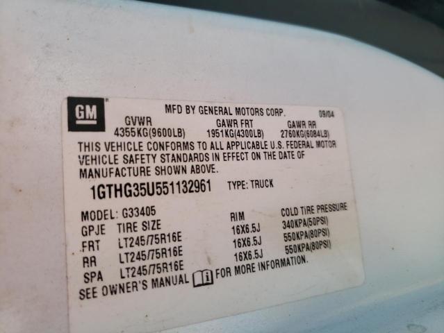 1GTHG35U551132961 - 2005 GMC SAVANA G35 WHITE photo 10