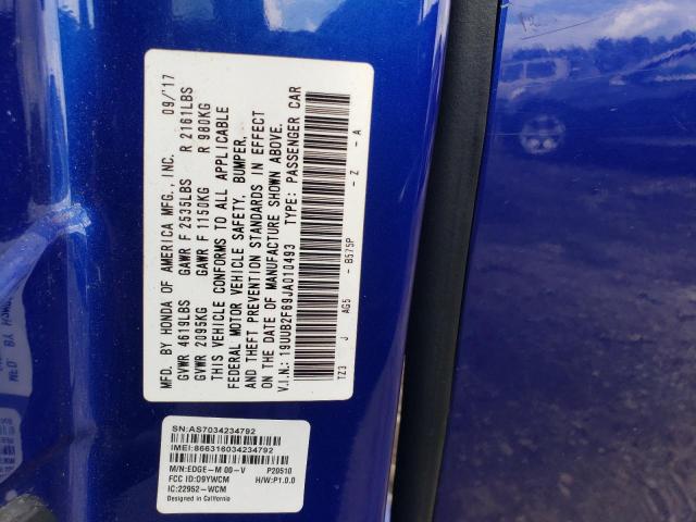 19UUB2F69JA010493 - 2018 ACURA TLX TECH+A BLUE photo 10