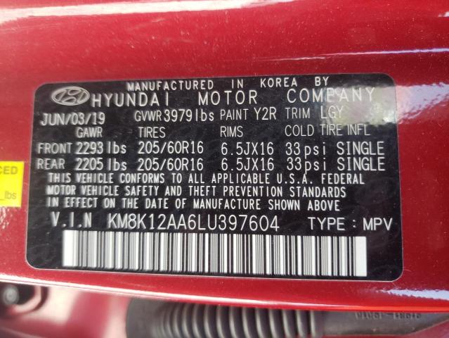 KM8K12AA6LU397604 - 2020 HYUNDAI KONA SE MAROON photo 10