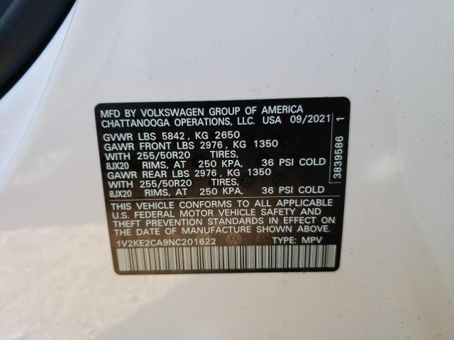 1V2KE2CA9NC201622 - 2022 VOLKSWAGEN ATLAS CROS Белый фото 10