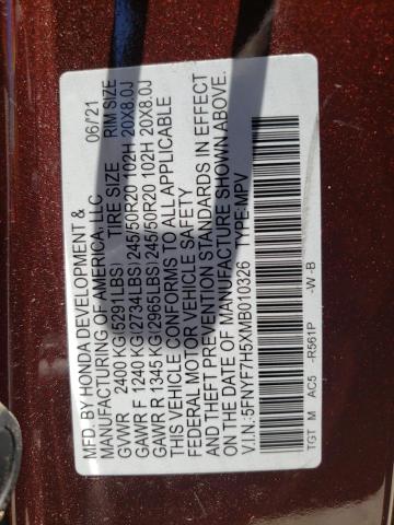 5FNYF7H5XMB010326 - 2021 HONDA PASSPORT E 勃艮第红 照片 10
