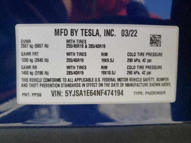 5YJSA1E64NF474194 - 2022 TESLA MODEL S Mavi foto 10