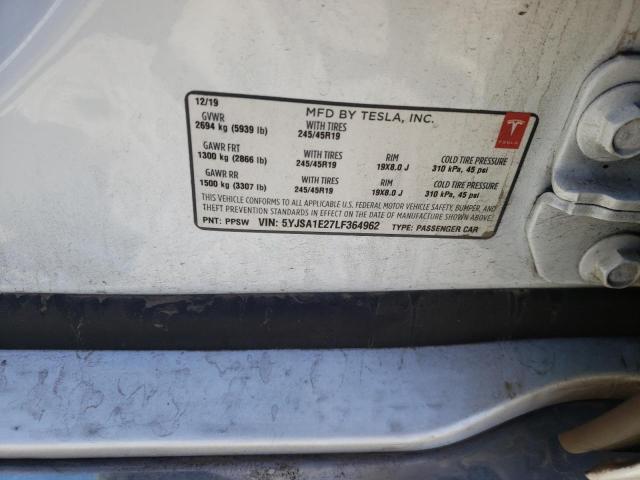 5YJSA1E27LF364962 - 2020 TESLA MODEL S Սպիտակ լուսանկար 10