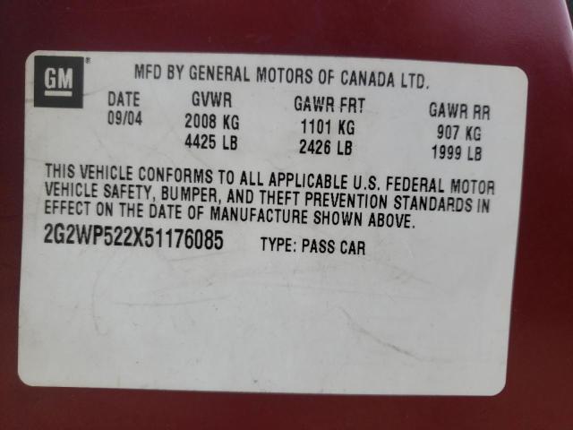2G2WP522X51176085 - 2005 PONTIAC GRAND PRIX Қызыл фото 10