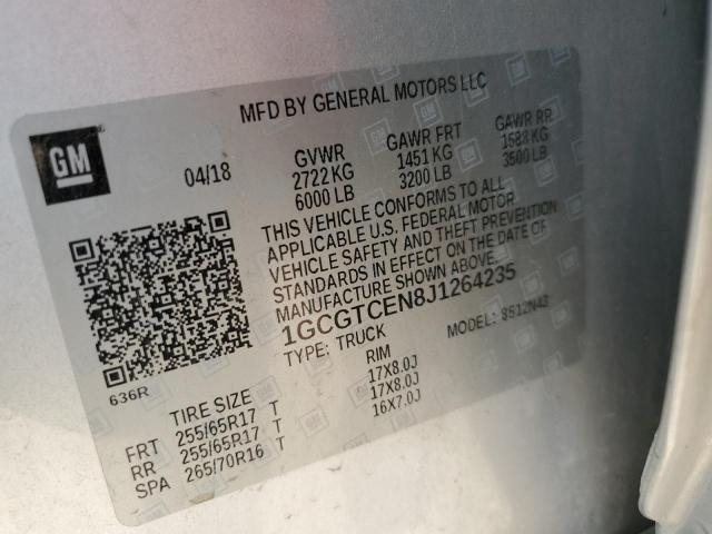 1GCGTCEN8J1264235 - 2018 CHEVROLET COLORADO L SILVER photo 10