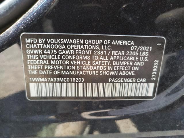 1VWMA7A33MC016209 - 2021 VOLKSWAGEN PASSAT R-L BLACK photo 10