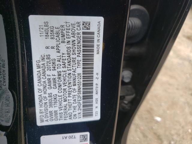 2HGFE2F58NH551226 - 2022 HONDA CIVIC BLACK photo 10