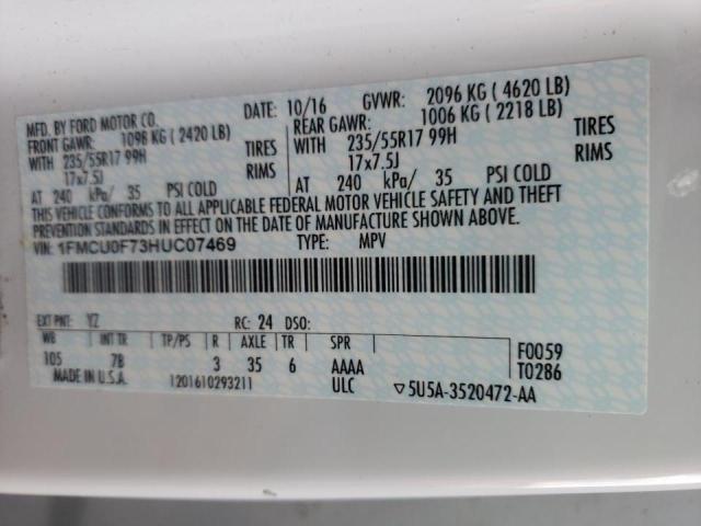 1FMCU0F73HUC07469 - 2017 FORD ESCAPE S 白色 照片 10