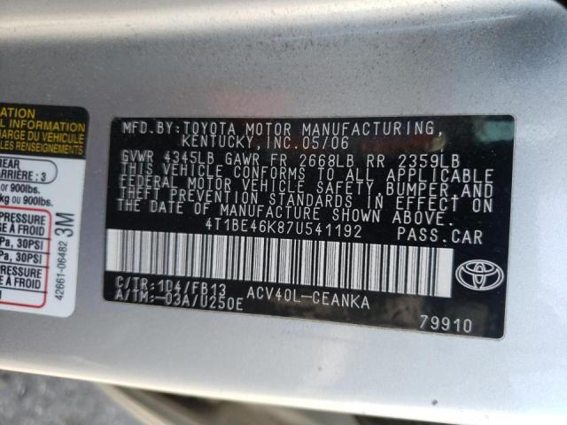 4T1BE46K87U541192 - 2007 TOYOTA CAMRY CE SILVER photo 10