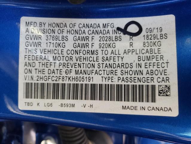 2HGFC2F87KH605191 - 2019 HONDA CIVIC SPOR 蓝色 照片 10
