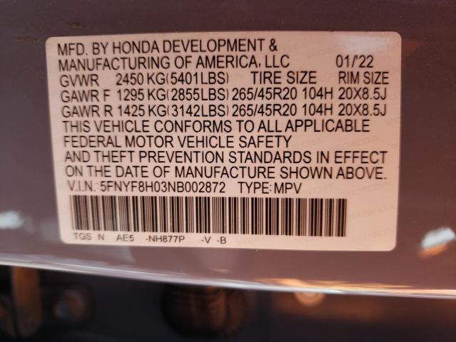 5FNYF8H03NB002872 - 2022 HONDA PASSPORT E 蓝色 照片 10