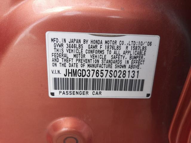 JHMGD37657S028131 - 2007 HONDA FIT S ORANGE photo 10