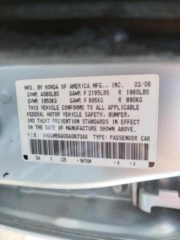 1HGCM56406A087346 - 2006 HONDA ACCORD LX SILVER photo 10