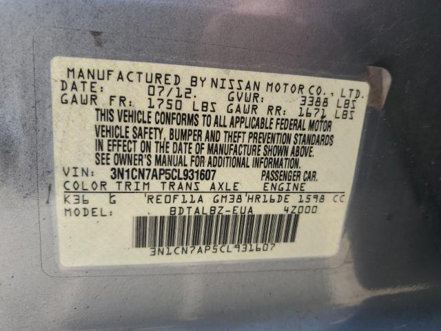 3N1CN7AP5CL931607 - 2012 NISSAN VERSA S SILVER photo 10