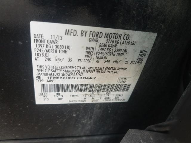 1FM5K8D81EGB14467 - 2014 FORD EXPLOR XLT CHARCOAL photo 10