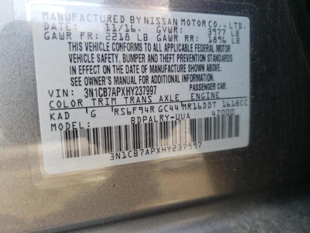 3N1CB7APXHY237997 - 2017 NISSAN SENTRA SR GRAY photo 10