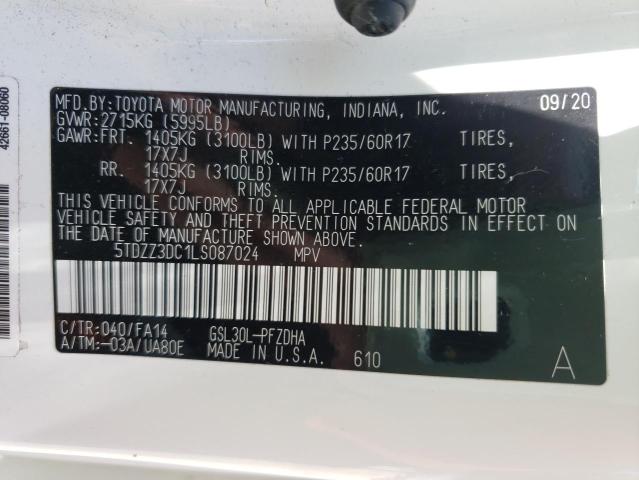 5TDZZ3DC1LS087024 - 2020 TOYOTA SIENNA L WHITE photo 10