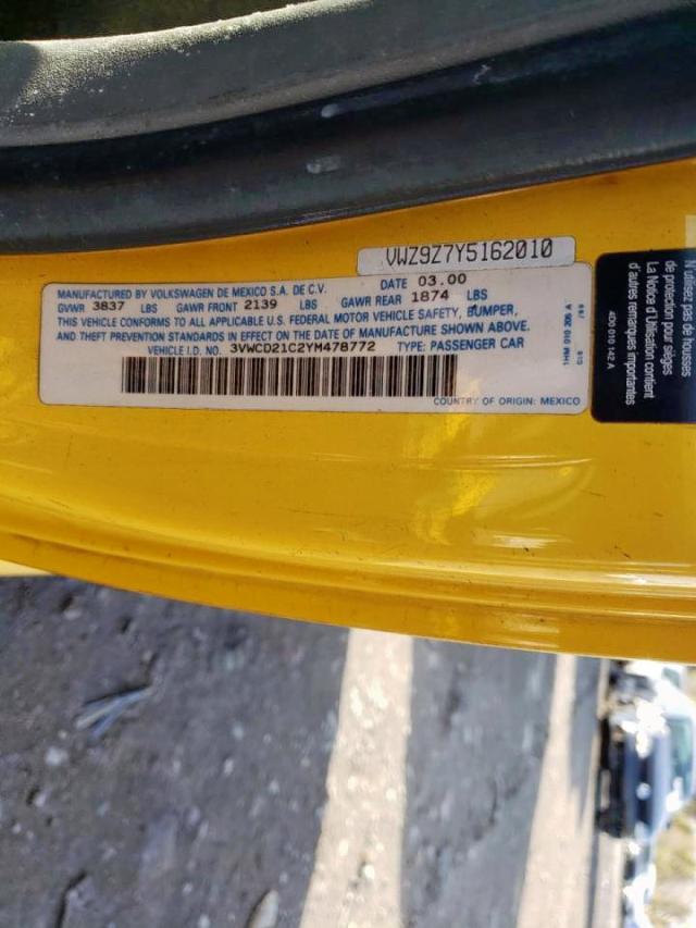 3VWCD21C2YM478772 - 2000 VOLKSWAGEN NEW BEETLE 黄色 照片 10