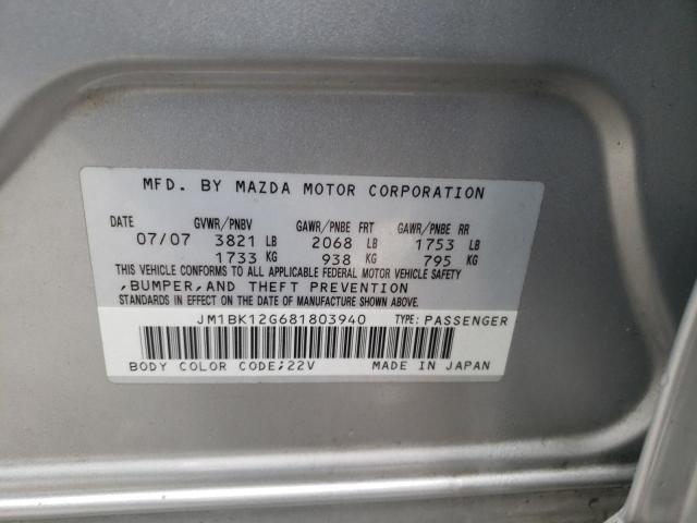 JM1BK12G681803940 - 2008 MAZDA 3 I SILVER photo 10