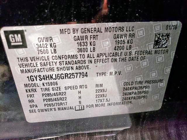 1GYS4HKJ6GR257794 - 2016 CADILLAC ESCALADE E BLACK photo 10