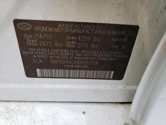 5NPEB4AC6BH052156 - 2011 HYUNDAI SONATA GLS WHITE photo 10