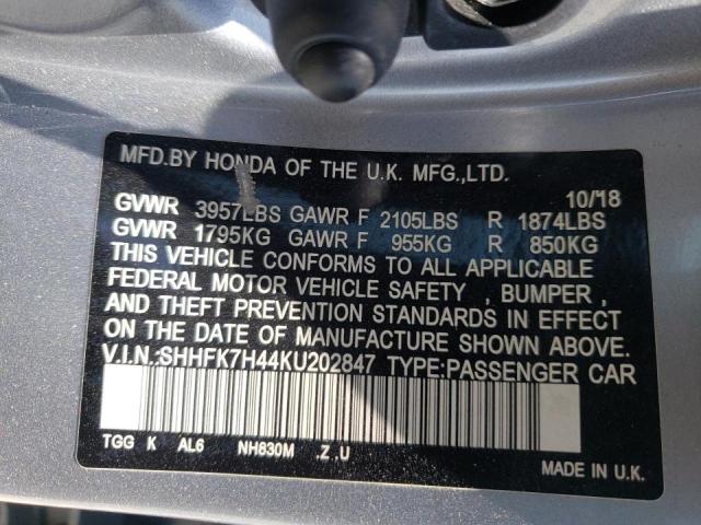 SHHFK7H44KU202847 - 2019 HONDA CIVIC SPOR SILVER photo 10